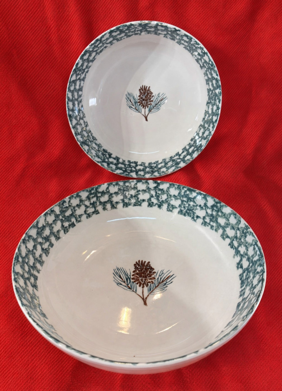 Vintage Tienshan Folkcraft Pinecone 9" Large Serving Bowls Stoneware (2) Rustic